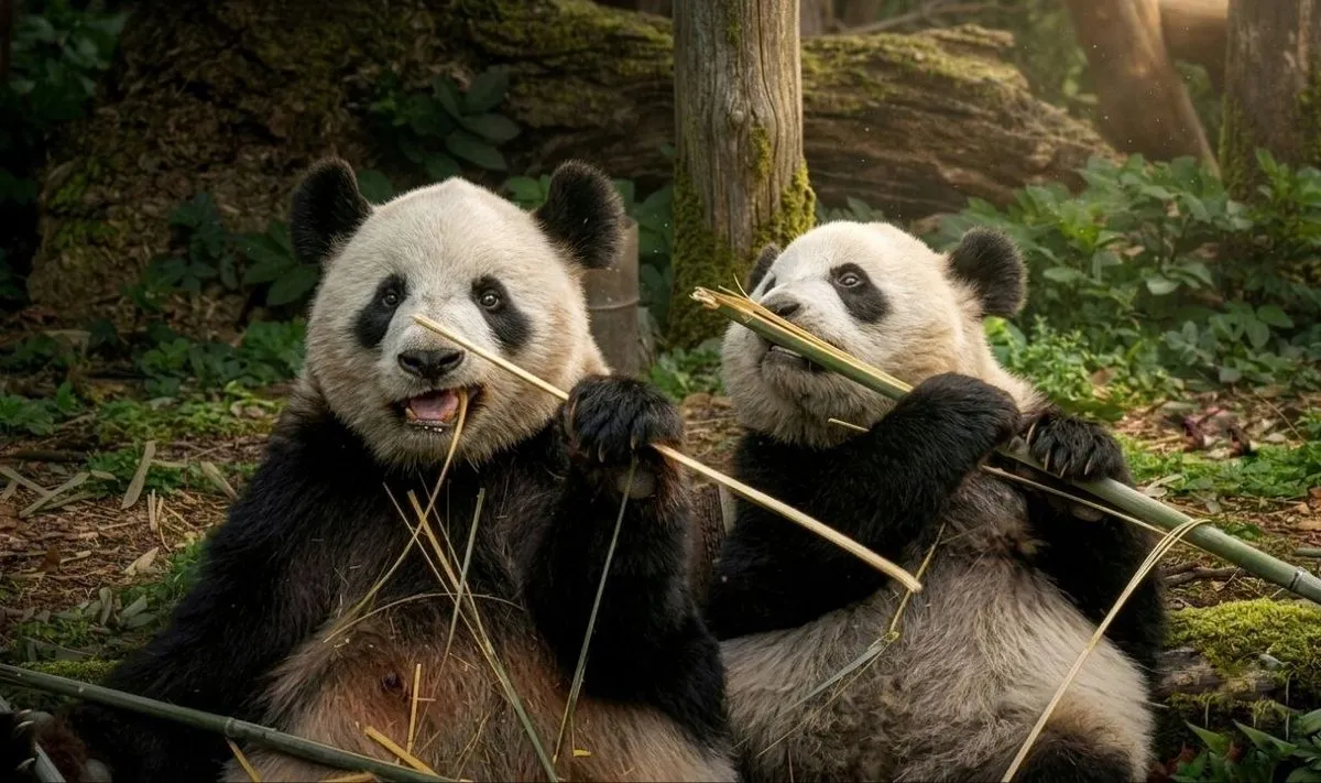 Zwei Riesenpandas beim Bambusessen